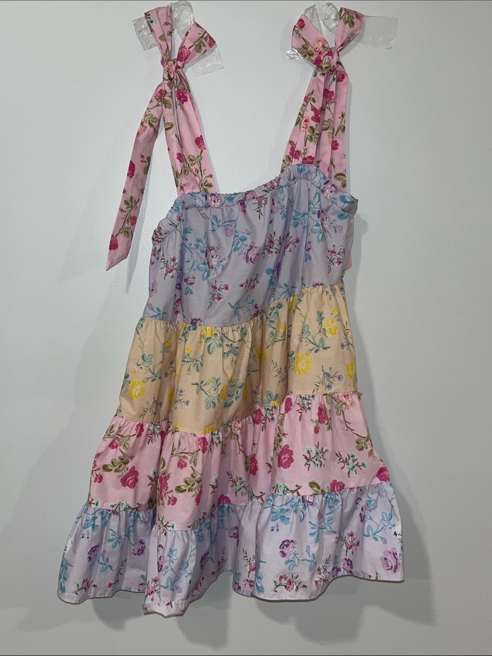 LoveShackFancy Tiered Floral Tie-Shoulder Dress - Pink, Yellow & Lavender NEW - Picture 12 of 13